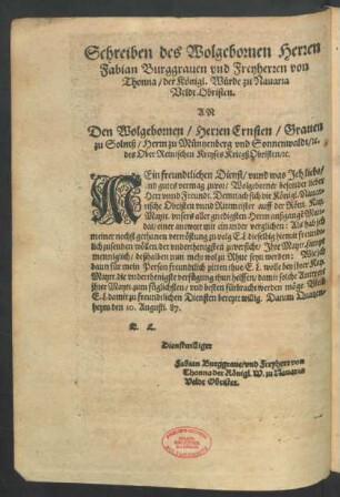 Schreiben des Wolgebornen Herren Fabian Burggraven und Freyherren von Thonna ...