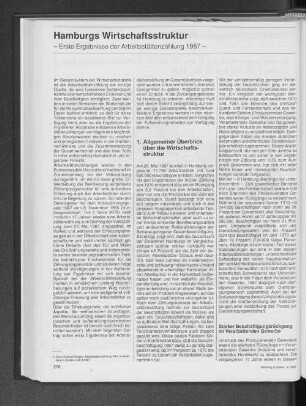 Hamburgs Wirtschaftsstruktur : Erste Ergebnisse der Arbeitsstättenzählung 1987