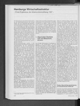 Hamburgs Wirtschaftsstruktur : Erste Ergebnisse der Arbeitsstättenzählung 1987