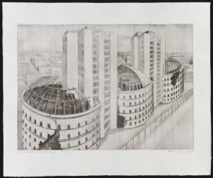 Radierung des Künstlers Erhard Groß, Titel: Gasometer-Siedlung, 1991
