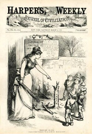 February 22, 1876. Chorus of rising patriots (?). "We can not tell a lie! We did not do it!" : Minerva will Schüler bestrafen, die einen Baum gefällt haben, der die Wahrheit darstellt. Die Jungen bestreiten die Tat