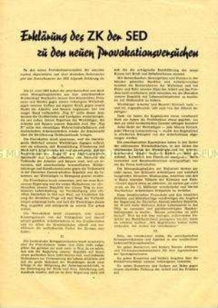 Flugblatt mit der Erklärung des ZK der SED zur Ausgabe von Lebensmitteln für DDR-Bürger in Westberlin nach dem 17. Juni 1953