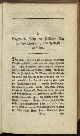 I. Allgemeine Skize der sittlichen Natur des Menschen, und Apologie derselben.