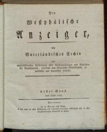 Der Westphälische Anzeiger, oder Vaterländisches Archiv...Erster Band. vom Jahre 1798.