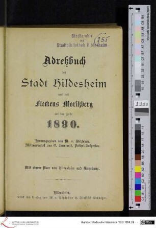 Adreßbuch der Stadt Hildesheim und des Fleckens Moritzberg auf das Jahr1890.
