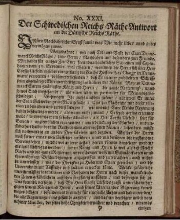 No. XXXI. Der Schwedischen Reichs-Räthe Antwort an die Dänische Reichs Räthe