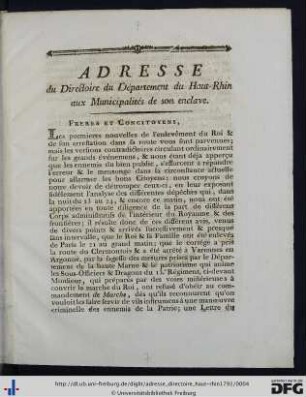 Adresse du Directoire du Département du Haut-Rhin aux Municipalités de son enclave.