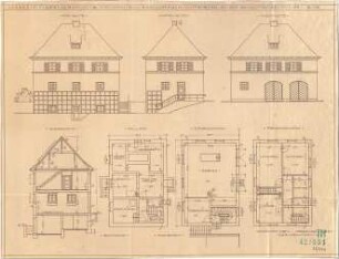 Fischer, Theodor; Nürnberg; Haus Adelsberger - Grundriss Keller, Grundriss EG, Grundriss OG; Ost, - Nord u. Westseite (Ansichten); Schnitt