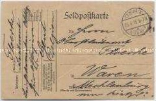 Feldpostkarte eines deutschen Soldaten aus dem besetzten Belgien an seinen Vater - Personenkonvolut