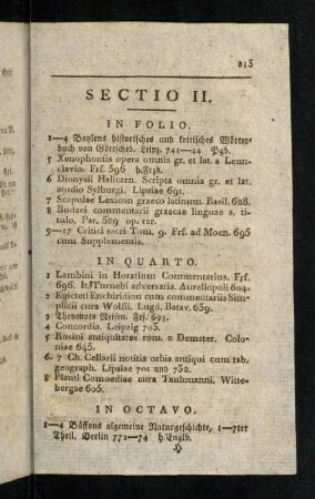 113-121, Sectio II. In Folio. In Quarto. In Octavo. Sectio III.In Quarto. In Octavo.