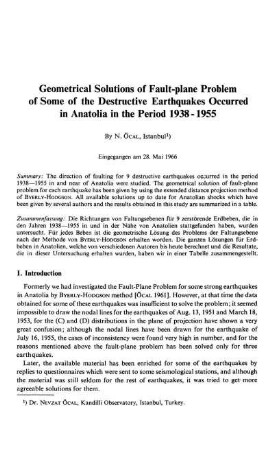 Geometrical solutions of fault-plane problem of some of the destructive earthquakes occurred in Anatolia in the period 1938 - 1955