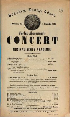 [Konzert-Programme des Königlichen Odeon in München und ähnlicher Münchener Veranstaltungen]. 33. 1872