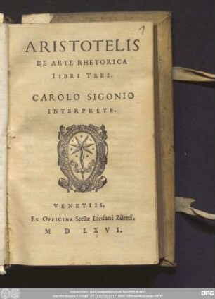 Aristotelis De Arte Rhetorica Libri Tres. Carolo Sigonio Interprete
