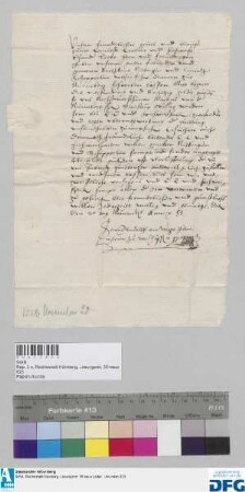 Heinrich Rudolff von Weze, Administrator zu Waldsassen, ersucht die Stadt Nürnberg, die ihm verschriebenen 400 fl. Stadtsteuer seinem Bevollmächtigten Barthlome Nittingern und Conratt Schopperlin, Welserischen Dienern zu Nürnberg, zu übergeben.