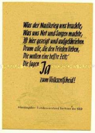 Kleinbroschüre der SED Sachsen mit Illustrationen und Reimen zur Abstimmung für die Enteignung der Nazi- und Kriegsverbrecher beim Volksentscheid 1946