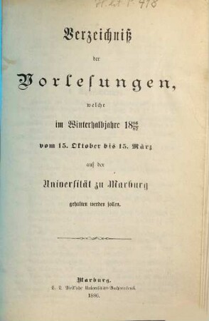 Verzeichnis der Vorlesungen. 1886/87. WH.