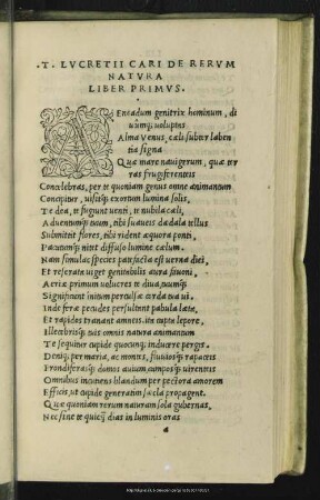 T. Lucretii Cari De Rerum Natura Liber Primus