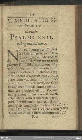 V. Meditatio Sive Expositio ... Psalmi XXII.