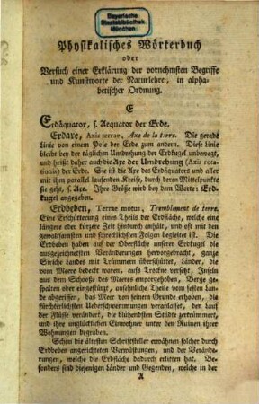 Physikalisches Wörterbuch oder Versuch einer Erklärung der vornehmsten Begriffe und Kunstwörter der Naturlehre : mit kurzen Nachrichten von der Geschichte der Erfindungen und Beschreibungen der Werkzeuge begleitet in alphabetischer Ordnung, 2. Von Erd bis Lin : mit sechs Kupfertafeln, Taf. VIII. bis XIII.