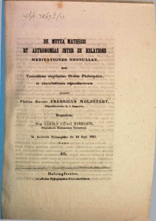 De mutua mathesis et astronomiae inter se relatione meditationes nonnullae. III