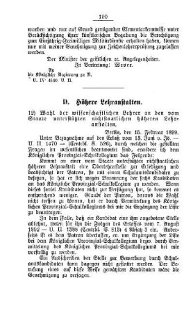 Wahl der wissenschaftlichen Lehrer an den vom Staate unterstützten nichtstaatlichen höheren Lehranstalten : [D. Höhere Lehranstalten]