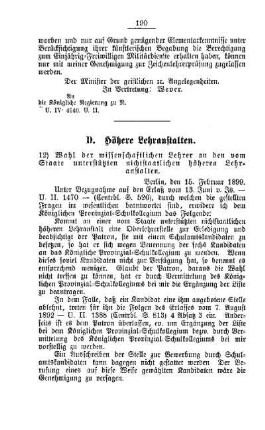 Wahl der wissenschaftlichen Lehrer an den vom Staate unterstützten nichtstaatlichen höheren Lehranstalten : [D. Höhere Lehranstalten]