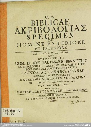 Biblicae Akribologias Specimen De Homine Exteriore Et Interiore : Ex II. Corinth. IIII, 16