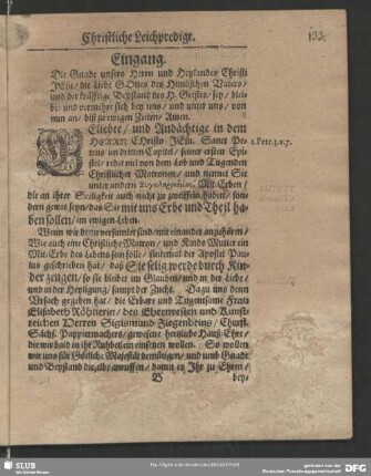 Leichenpredigt : Eingang. Exordium