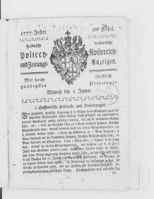 1tes Stück, Ausgabe vom 1. Januar 1777