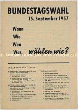 Aufruf des Büros für Staatsbürgerliche Frauenarbeit zur Bundestagswahl am 15. September 1957