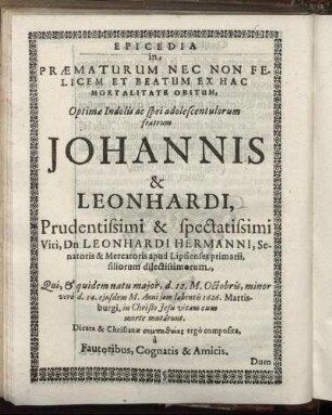 Epicedia In Præmaturum Nec Non Felicem Et Beatum Ex Hac Mortalitate Obitum [...]