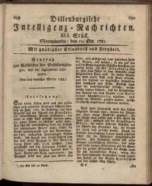 XLI. Stück. Sonnabends: den 12. Oct. 1793.