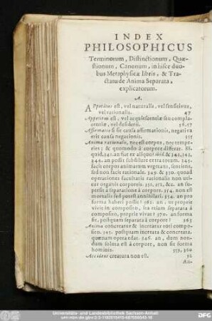 Index Philosophicus Terminorum, Distinctionum, Quaestionum, Canonum, in hisce duobus Metaphysicae libris, & Tractatu de Anima Separata, explicatorum.