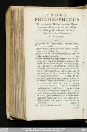 Index Philosophicus Terminorum, Distinctionum, Quaestionum, Canonum, in hisce duobus Metaphysicae libris, & Tractatu de Anima Separata, explicatorum.