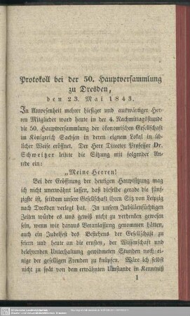 Protokoll bei der 50. Hauptversammlung zu Dresden, den 23. Mai 1843