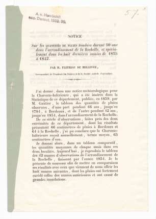 Notice sur les Quantités de Pluies tombées durant 50 ans dans l'arrondissement de la Rochelle [...]