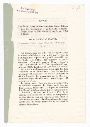 Notice sur les Quantités de Pluies tombées durant 50 ans dans l'arrondissement de la Rochelle [...]