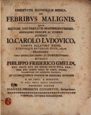 Dissertatio Inavgvralis Medica, De Febribvs Malignis