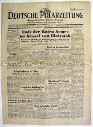 Tageszeitung "Deutsche Polarzeitung" für die besetzten Gebiete Nordeuropas u.a. zum Krieg an der Ostfront