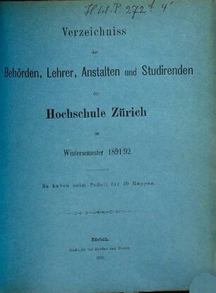 Verzeichnis der Behörden, Dozenten, Anstalten und Studierenden. 1891/92, WS