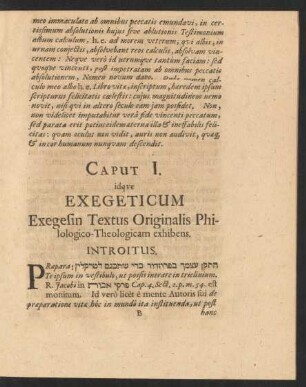 Caput I. idque Exegeticum Exegesin Textus Originalis Philologico-Theologicam exhibens.