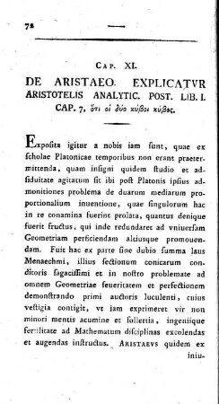 Cap. XI. De aristaeo. Explicatur aristotelis analytic.