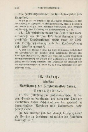 18. Gesetz, betreffend Ausführung der Rechtsanwaltsordnung. Vom 14. Juli 1879