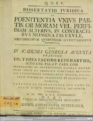 Dissertatio Iuridica De Poenitentia Unius Partis Ob Moram Vel Perfidiam Alterius, In Contractibus Nominatis Exule : Neotericorum Quorundam Hypothesibus Opposita