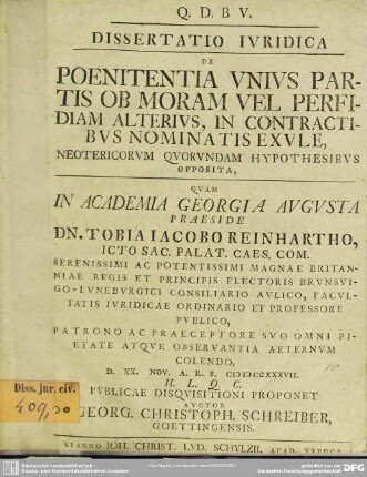 Dissertatio Iuridica De Poenitentia Unius Partis Ob Moram Vel Perfidiam Alterius, In Contractibus Nominatis Exule : Neotericorum Quorundam Hypothesibus Opposita