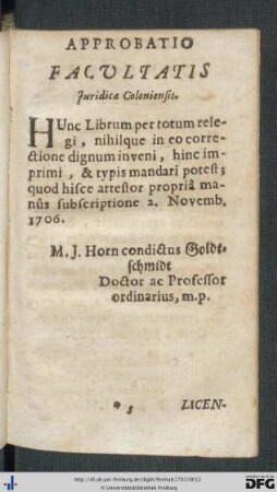 Approbatio Faculatis; Licentia Censoris Ordinarii.