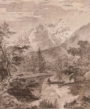 Alpenlandschaft mit Fluß, darauf Kahn mit zwei Männern