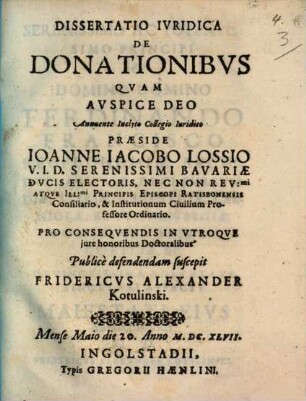 Dissertatio Ivridica De Donationibvs