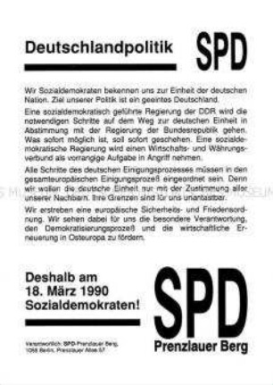 Flugblatt der SPD Prenzlauer Berg zur Volkskammerwahl in der DDR am 18. März 1990
