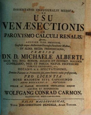 Diss. inaug. ... de usu venae sectionis in paroxysmo calculi renalis